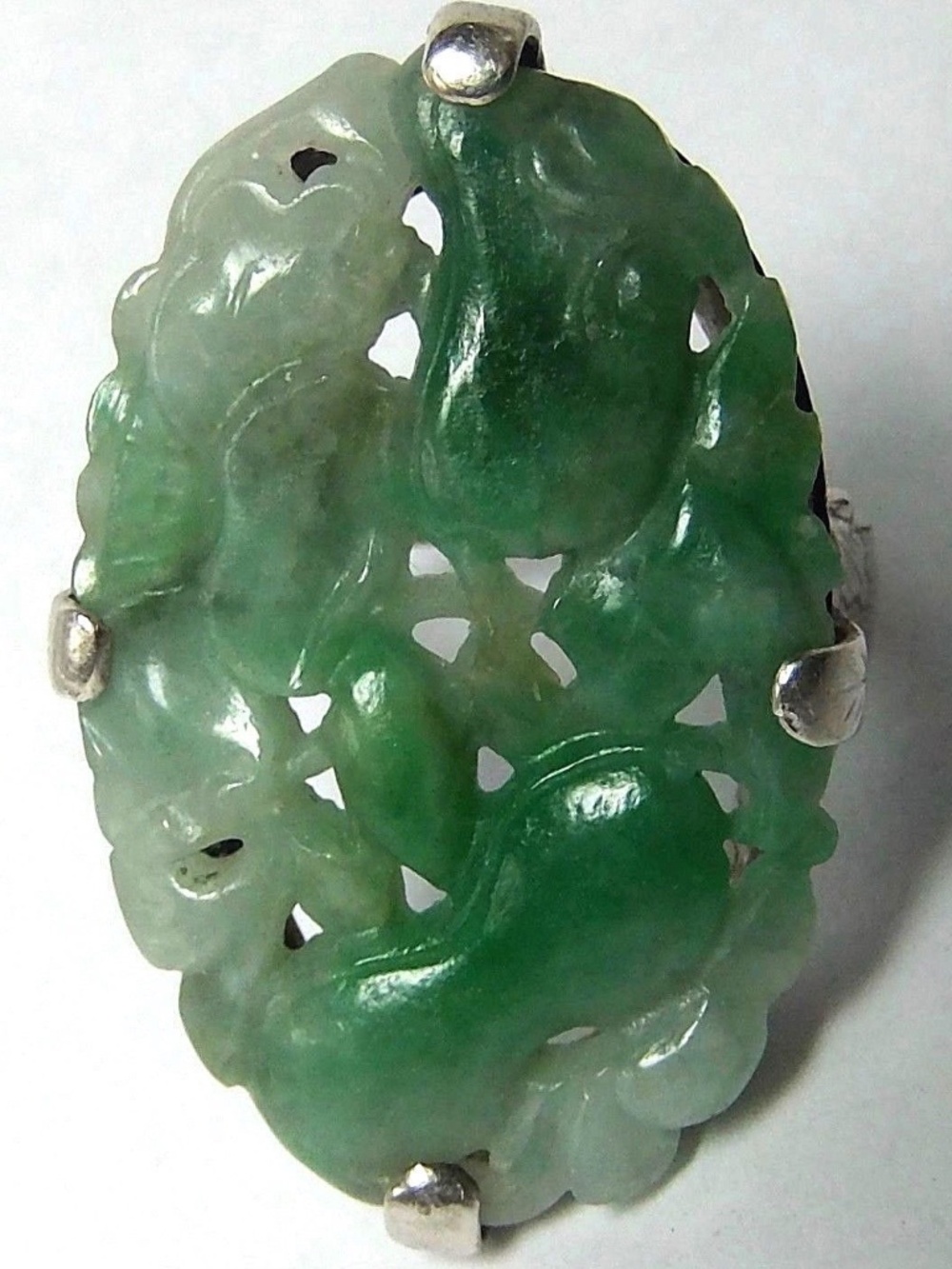 Vintage Solid Sterling Chinese Export Silver Apple Green Jade Jadite Ring sz6.5